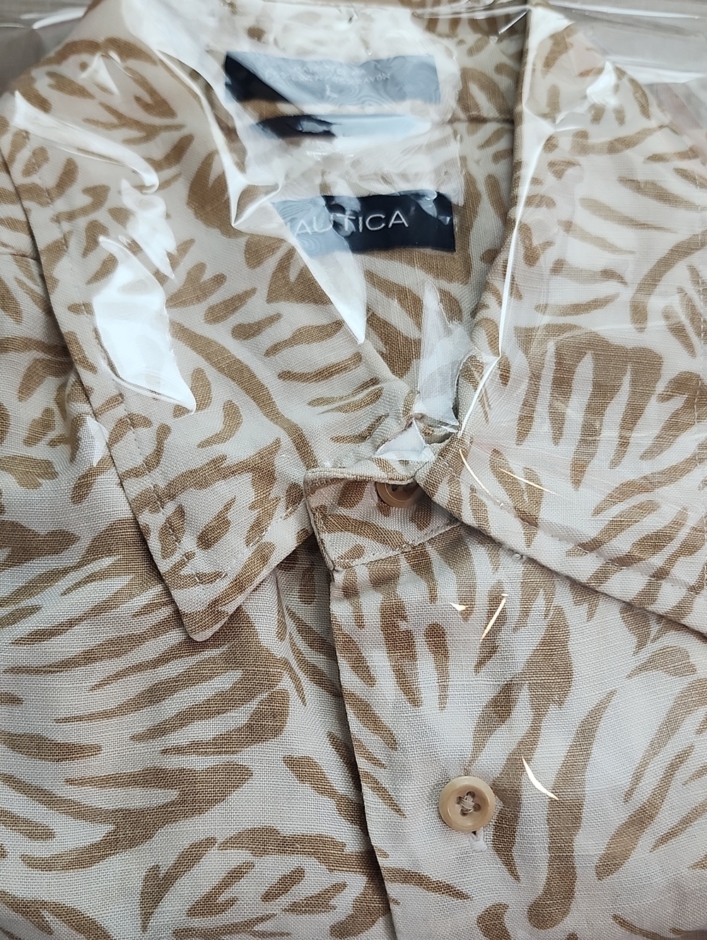 Nautica Beige and White Floral Short-Sleeve Button-Down Shirt - Picture 9 of 9